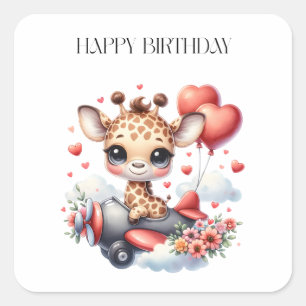 Giraffe Pilot Birthday Square Sticker