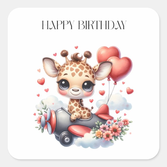 Giraffe Pilot Birthday Square Sticker (Front)