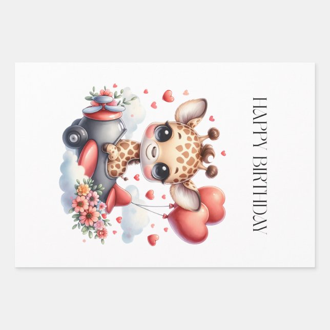 Giraffe Pilot Birthday Wrapping Paper Sheet (Front)