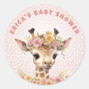 Giraffe Pink Baby Girl Shower Sprinkle Wild Jungle Classic Round Sticker