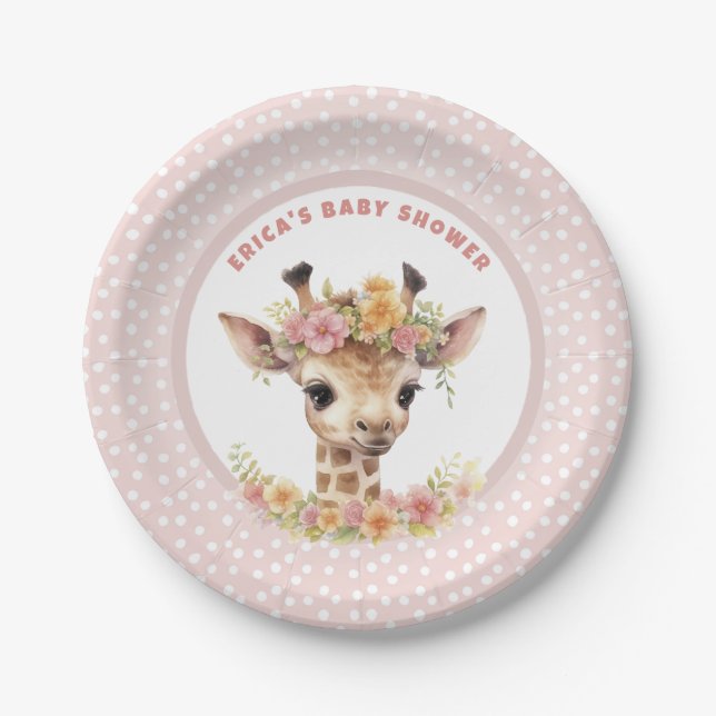 Giraffe Pink Baby Girl Shower Sprinkle Wild Jungle Paper Plate (Front)