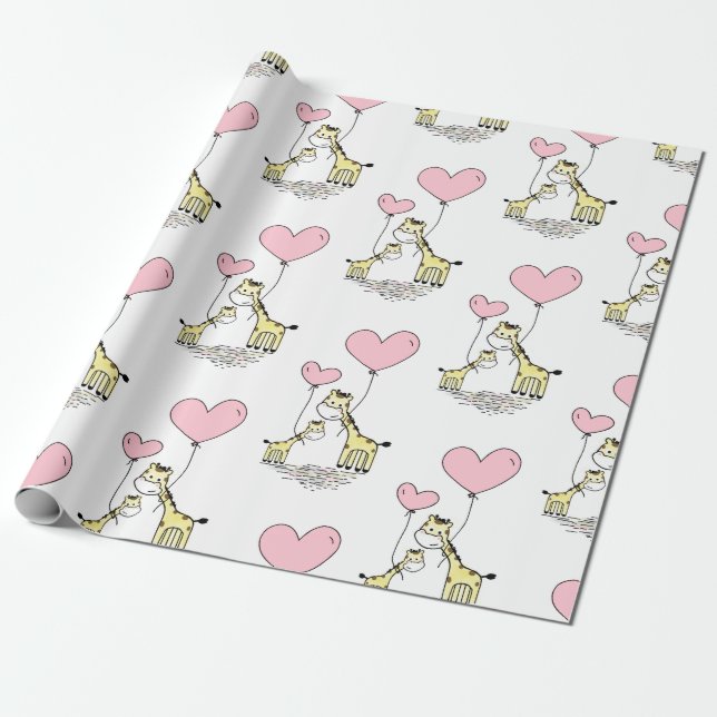 Giraffe Pink Balloon Mama Baby Shower Girl Wrapping Paper (Unrolled)