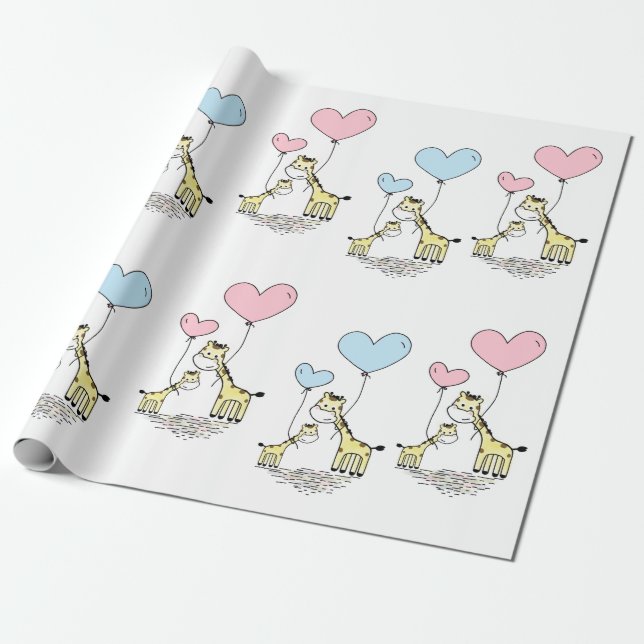 Giraffe Pink Blue Balloon Mama Baby Gender Reveal Wrapping Paper (Unrolled)