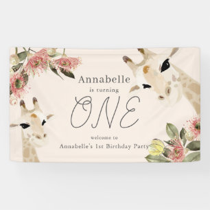 Giraffe Pink Floral Girl 1st Birthday Banner