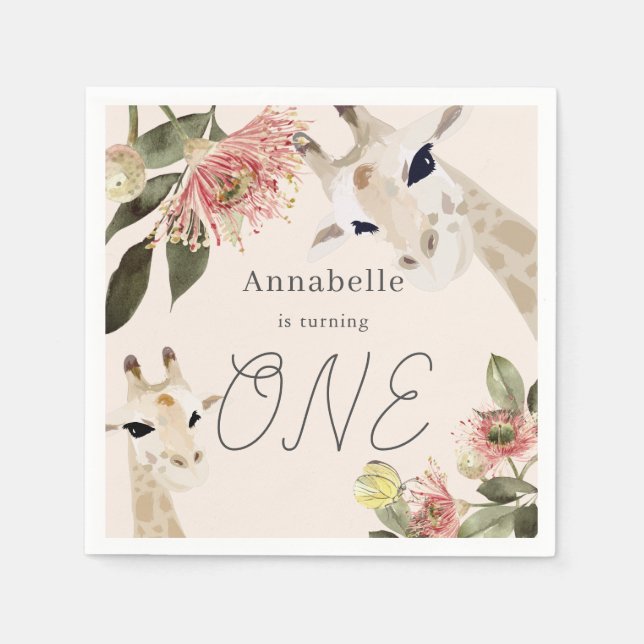 Giraffe Pink Floral Girl 1st Birthday Napkin (Front)