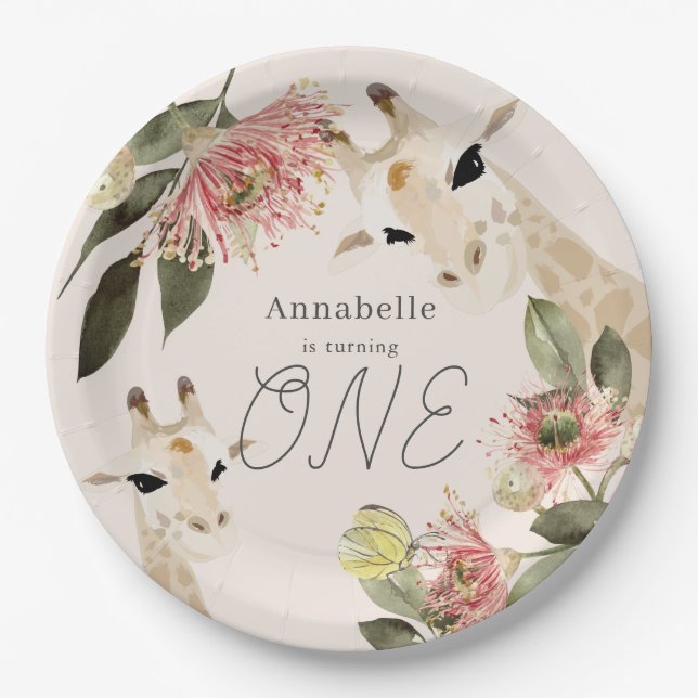 Giraffe Pink Floral Girl 1st Birthday Paper Plate (Front)