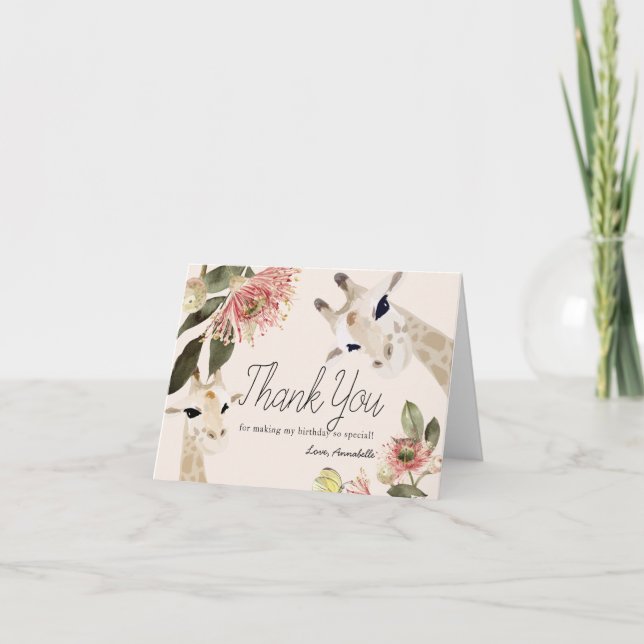 Giraffe Pink Floral Girl 1st Birthday Thank You Card (Front)
