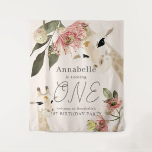 Giraffe Pink Floral Girl 1st Birthday Welcome Tapestry