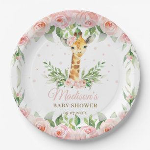 Giraffe Pink Floral Girl Baby Shower Birthday  Paper Plate