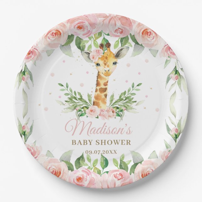Giraffe Pink Floral Girl Baby Shower Birthday  Paper Plate (Front)