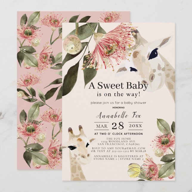 Giraffe Pink Floral Girl Baby Shower Invitation (Front/Back)