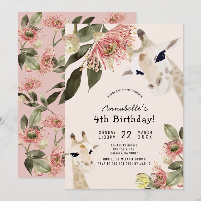 Giraffe Pink Floral Girl Birthday Invitation (Front/Back)