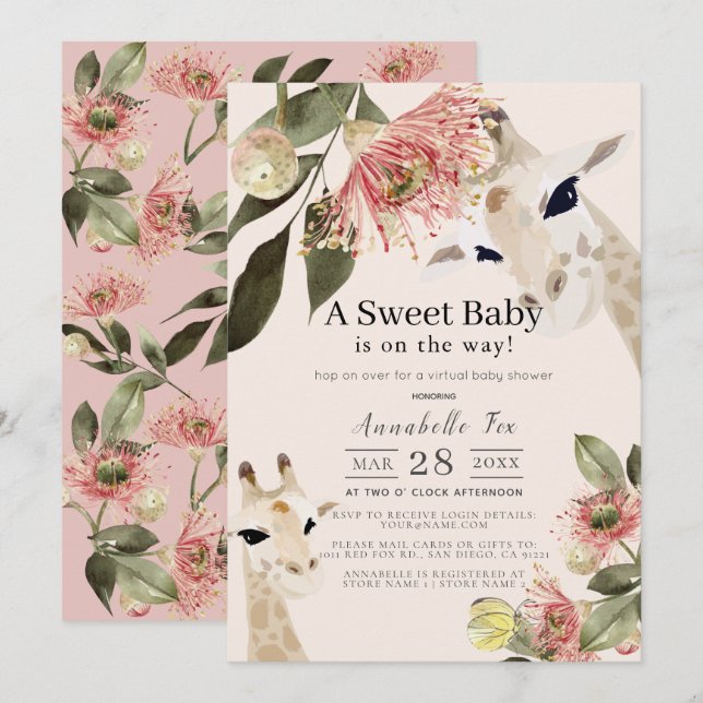 Giraffe Pink Floral Girl Virtual Baby Shower Invitation (Front/Back)