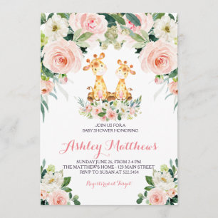 giraffe pink flower baby shower invitation