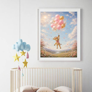 Giraffe pink flowers floating balloons poster