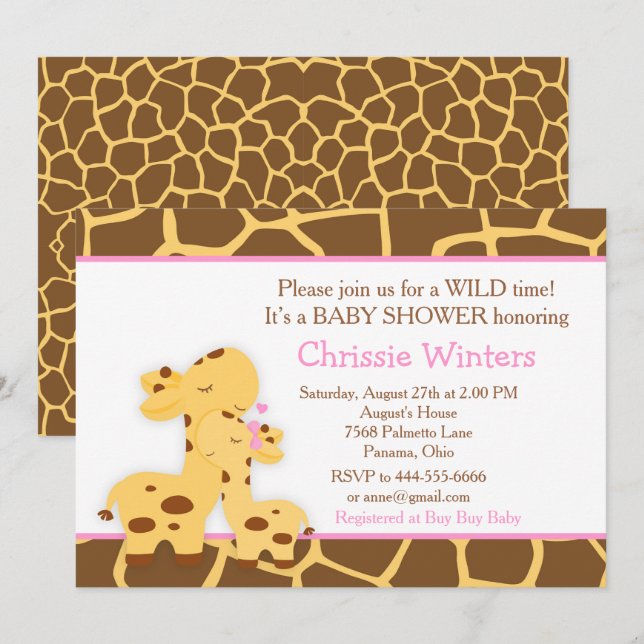 Giraffe Pink Girl Baby Party Shower Invitation (Front/Back)