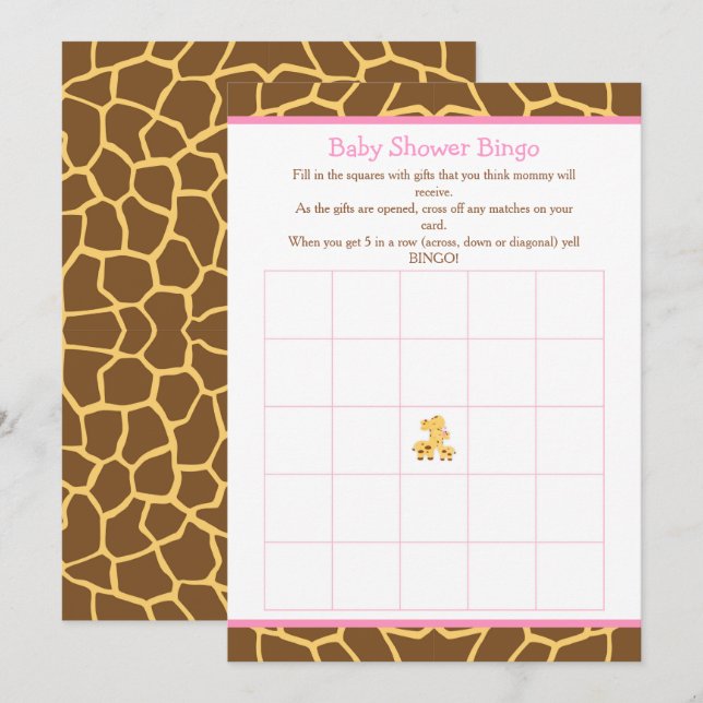 Giraffe Pink Girl Baby Shower Bingo Invitation (Front/Back)