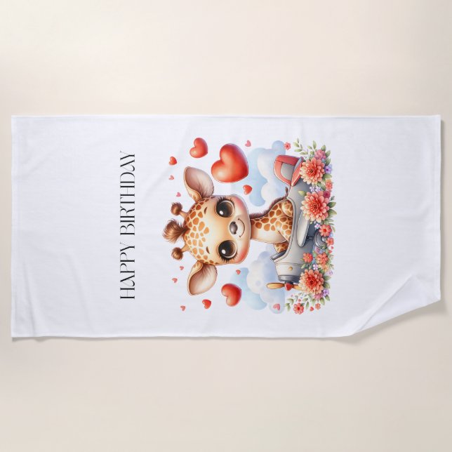Giraffe Plane Birthday Beach Towel (Front)