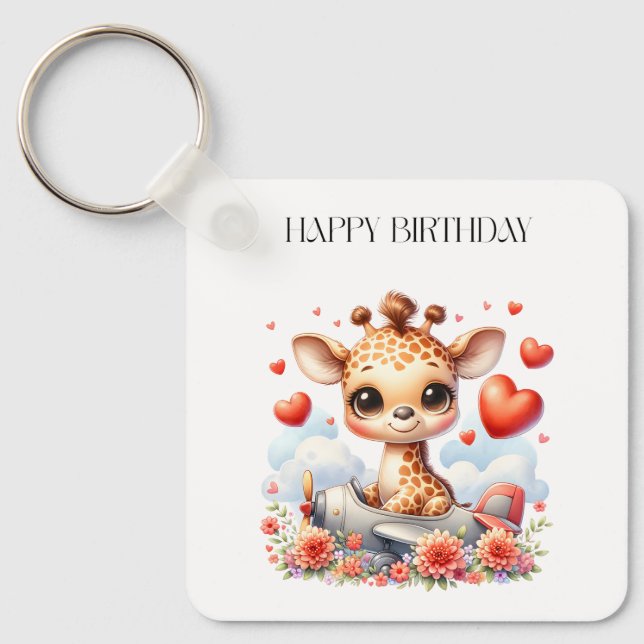 Giraffe Plane Birthday Key Ring (Front)