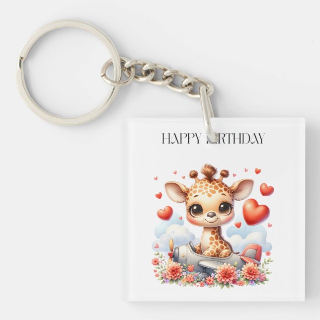 Giraffe Plane Birthday Key Ring (Front)