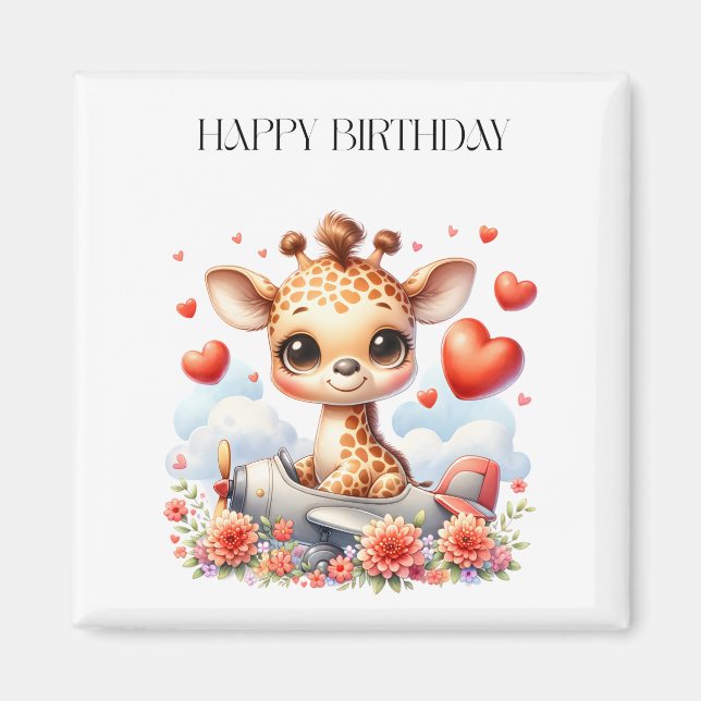 Giraffe Plane Birthday Magnet (Front)