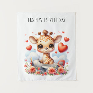 Giraffe Plane Birthday Tapestry