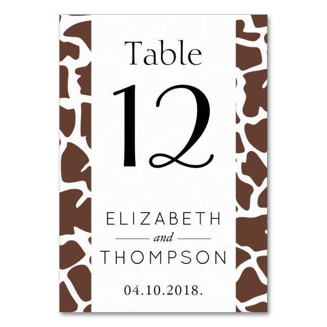 Giraffe Print, Brown Giraffe, Wild Animal, Wedding Table Number (Front)