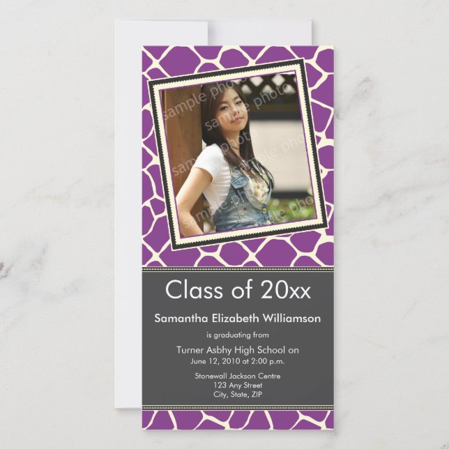 Giraffe Print Graduation Photo Announcement purple (Front)