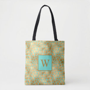 Giraffe print mint and golden tote bag