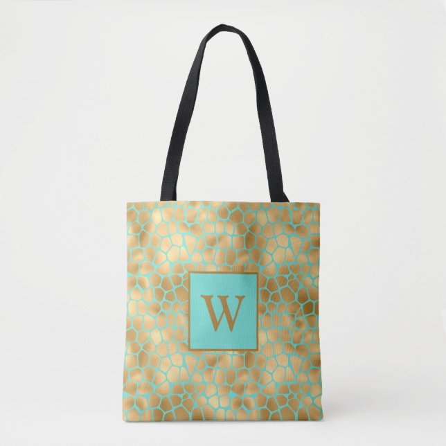 Giraffe print mint and golden tote bag (Front)