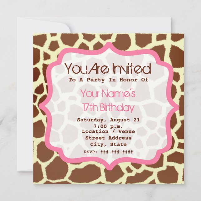 Giraffe Print & Pink Birthday Party Invitation (Front)