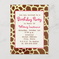 Giraffe Print & Pink Birthday Party Invitation