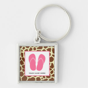 Giraffe Print & Pink Flip Flops Personalised Key Ring