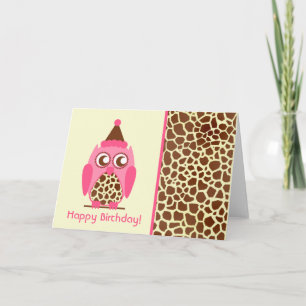 Giraffe Print & Pink Owl Birthday Card