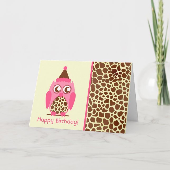 Giraffe Print & Pink Owl Birthday Card (Front)