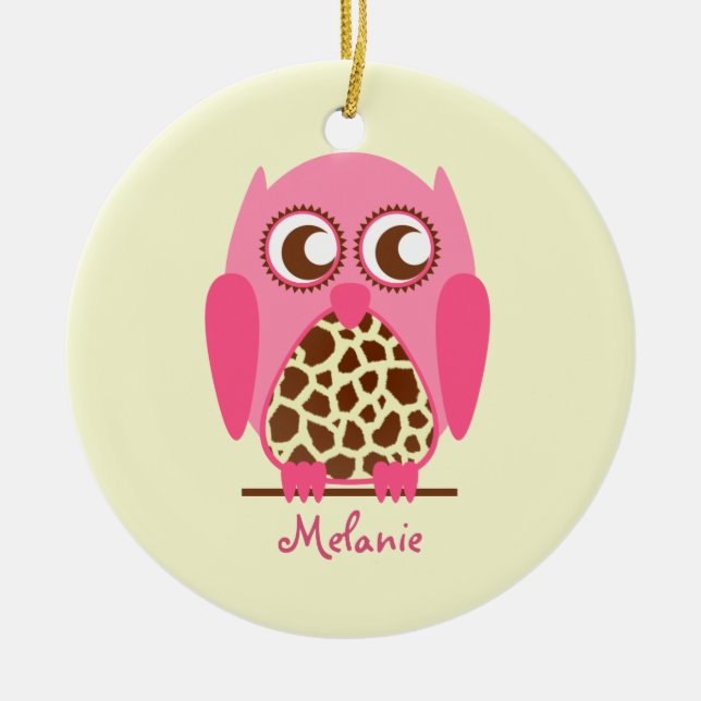 Giraffe Print & Pink Owl Personalised Ornament (Front)