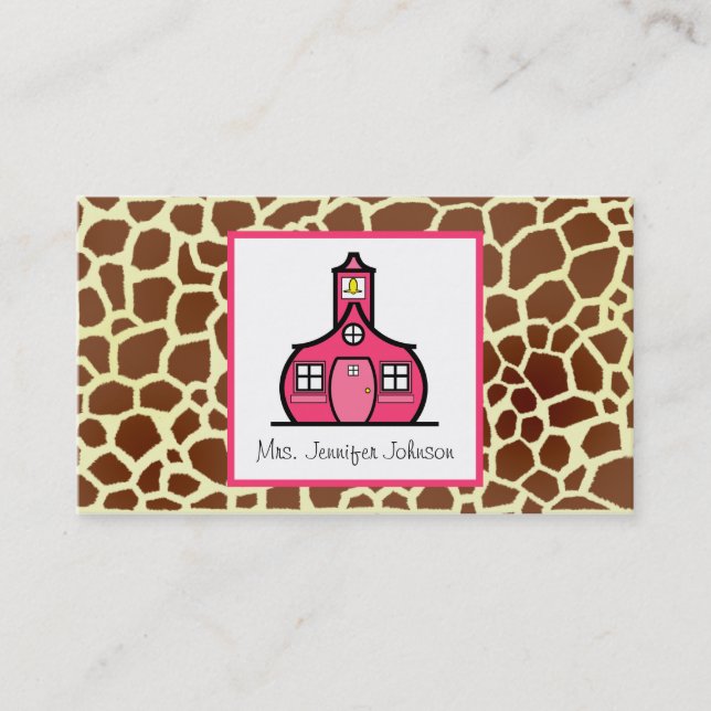 Giraffe Print Pink Schoolhouse Teacher Business Card (Front)