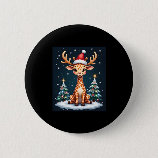 Giraffe Reindeer Hat Santa Christmas Tree Funny Xm 6 Cm Round Badge (Front)