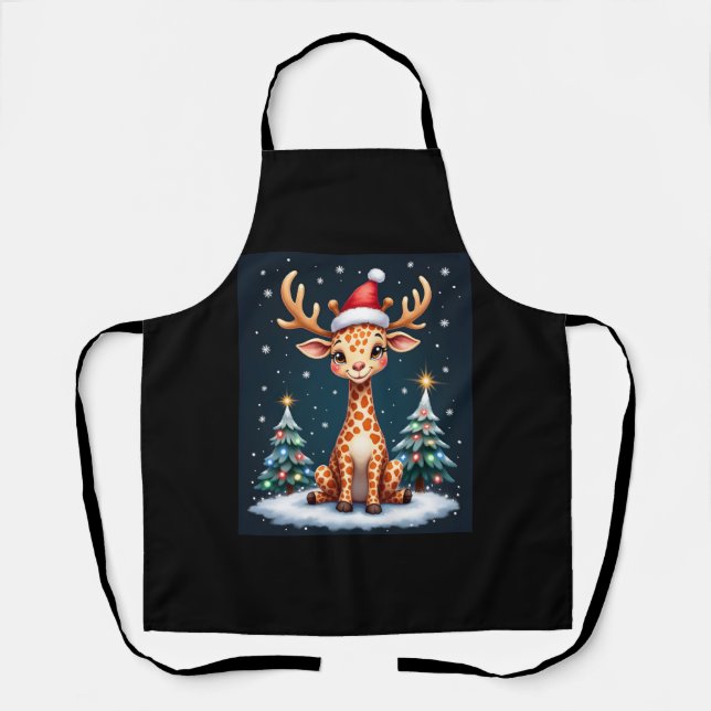 Giraffe Reindeer Hat Santa Christmas Tree Funny Xm Apron (Front)