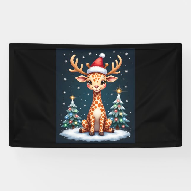 Giraffe Reindeer Hat Santa Christmas Tree Funny Xm Banner (Horizontal)