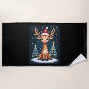 Giraffe Reindeer Hat Santa Christmas Tree Funny Xm Beach Towel