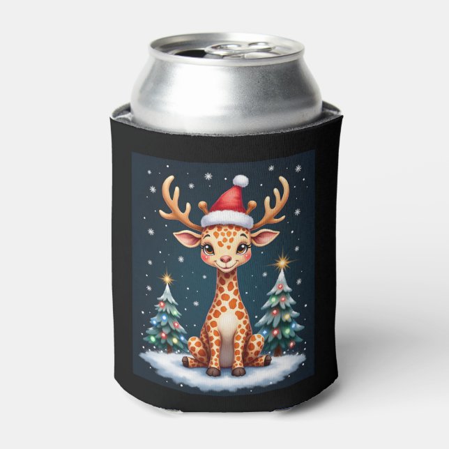 Giraffe Reindeer Hat Santa Christmas Tree Funny Xm Can Cooler (Can Front)