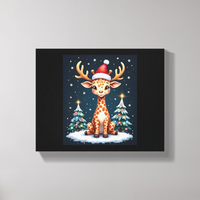 Giraffe Reindeer Hat Santa Christmas Tree Funny Xm Canvas Print (Front)