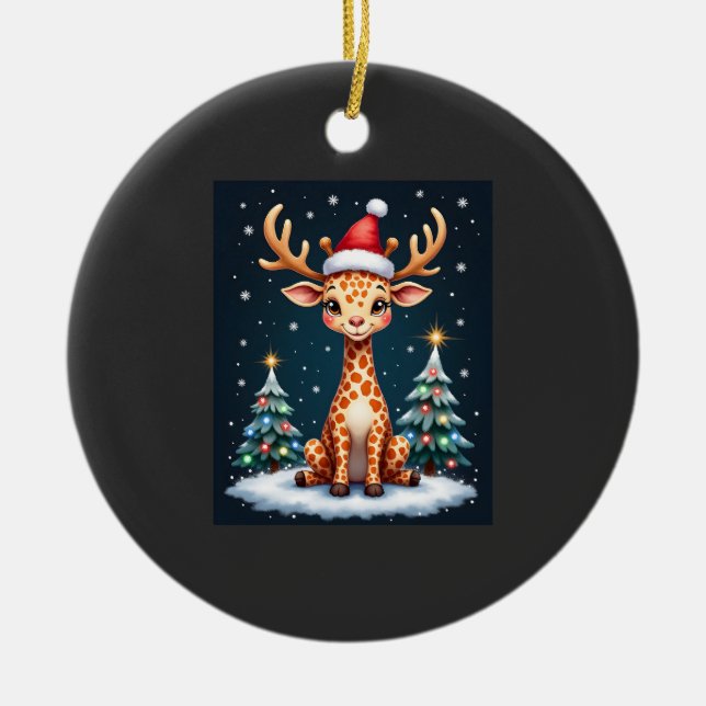 Giraffe Reindeer Hat Santa Christmas Tree Funny Xm Ceramic Tree Decoration (Front)