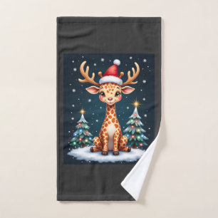 Giraffe Reindeer Hat Santa Christmas Tree Funny Xm Hand Towel