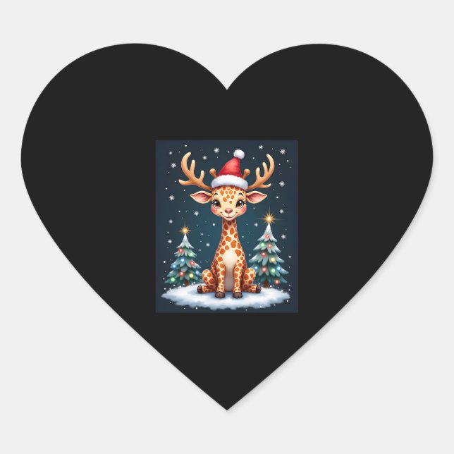 Giraffe Reindeer Hat Santa Christmas Tree Funny Xm Heart Sticker (Front)