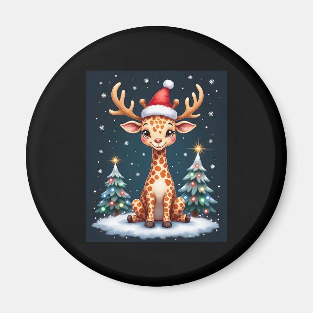 Giraffe Reindeer Hat Santa Christmas Tree Funny Xm Magnet (Front)