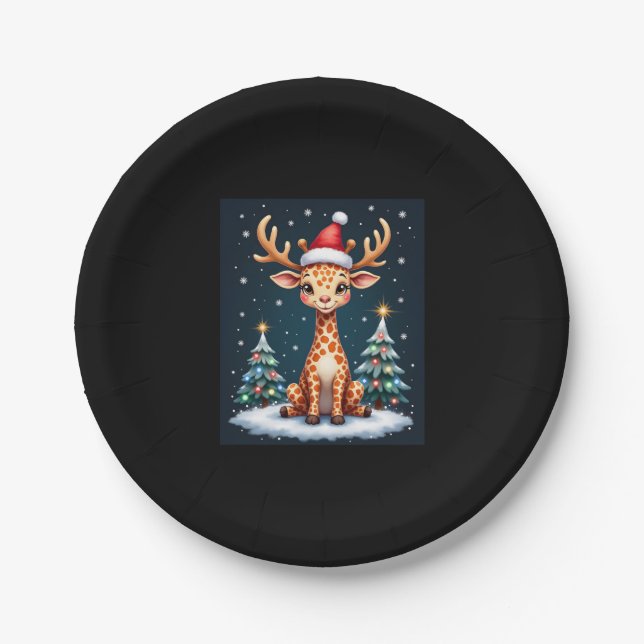 Giraffe Reindeer Hat Santa Christmas Tree Funny Xm Paper Plate (Front)