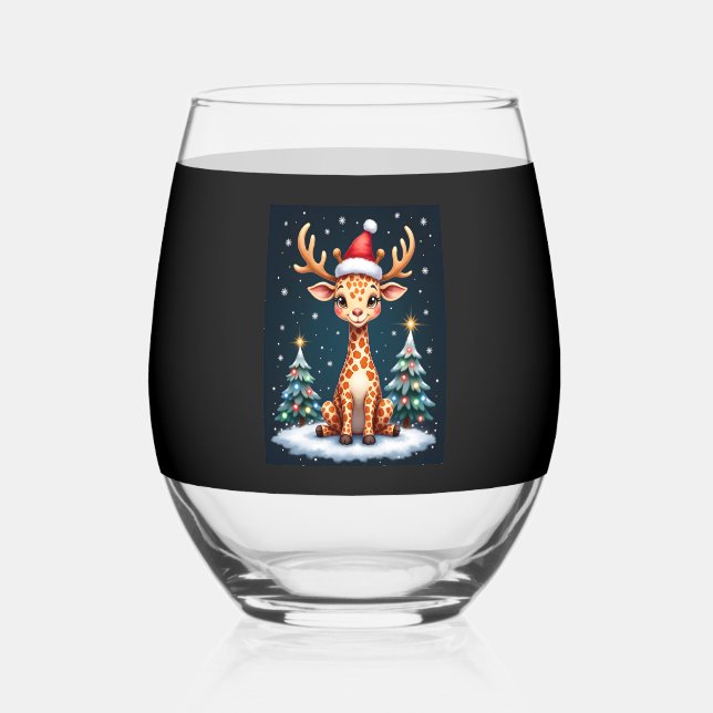 Giraffe Reindeer Hat Santa Christmas Tree Funny Xm Stemless Wine Glass (Front)