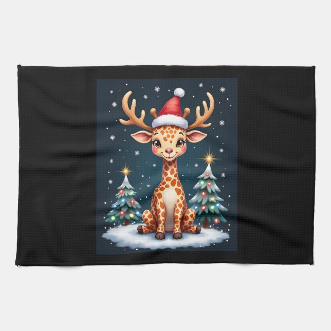 Giraffe Reindeer Hat Santa Christmas Tree Funny Xm Tea Towel (Horizontal)